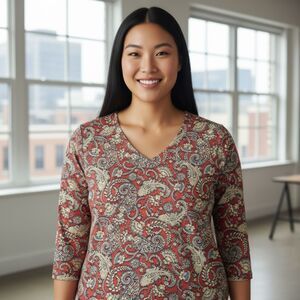 Purejill Top XLP Pink Blue Paisley Print 3/4 Sleeve Bohochic Business Casual